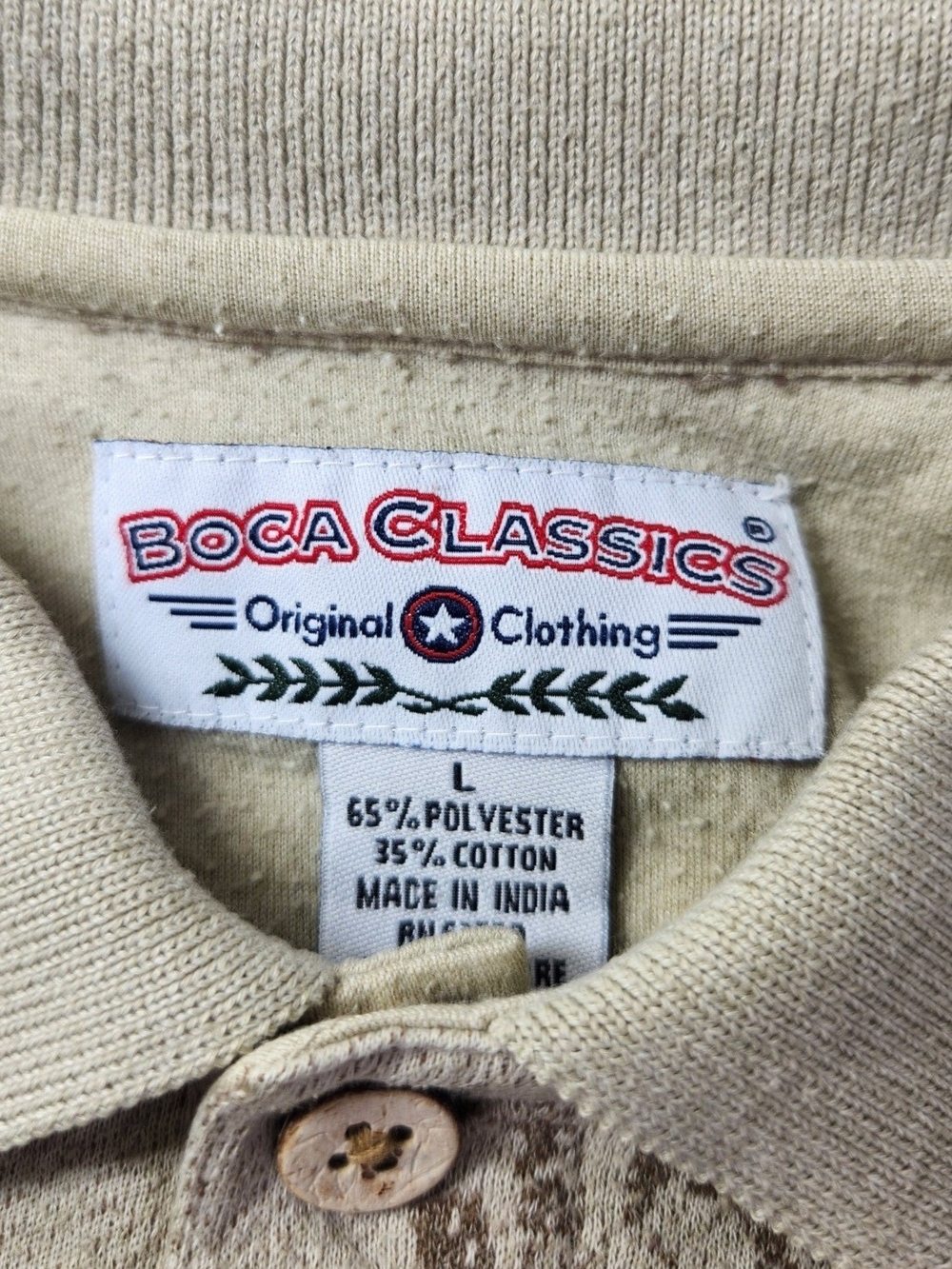 Vintage Boca Classics Knit Polo Shirt Large Beige Fern Leaf Print Resort Casual - Picture 10 of 12